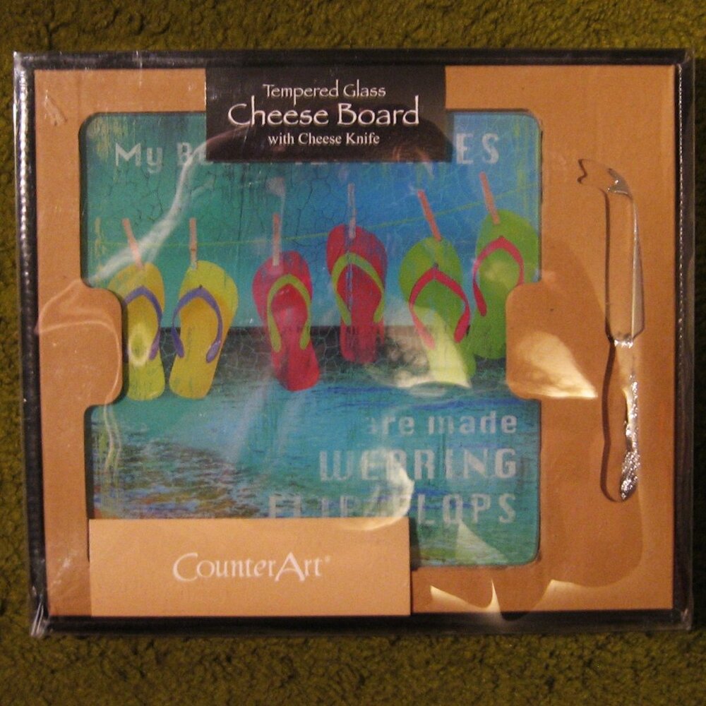 Counter Art Glass Cheese Cutting Board , Day at the Beach with flip flop design